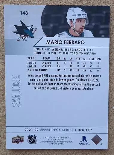 НХЛ Марио Ферраро Сан-Хосе Шаркс № 148 1