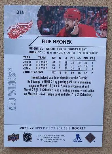 НХЛ Филип Хронек Детройт Ред Уингз № 316 1