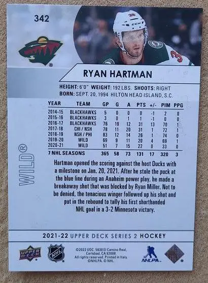 НХЛ Райан Хартман Миннесота Уайлд № 342 1
