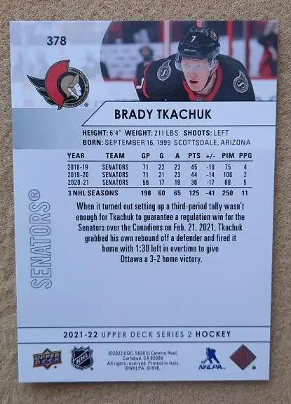 НХЛ Брэди Ткачук Оттава Сенаторз № 378 1