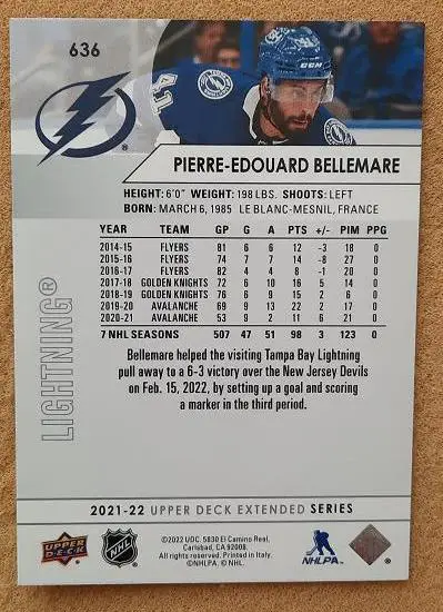 НХЛ Пьер-Эдуар Белльмар Тампа Бэй Лайтнинг № 636 1