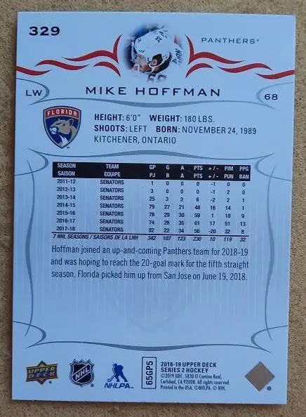 НХЛ Майк Хоффман Флорида Пантерз № 329 1