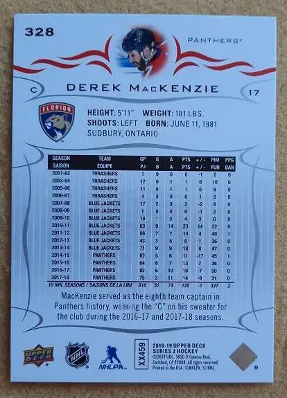 НХЛ Дерек Маккензи Флорида Пантерз № 328 1
