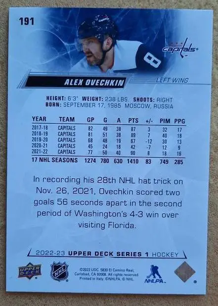 НХЛ Александр Овечкин Вашингтон Кэпиталз Динамо Москва № 191 1