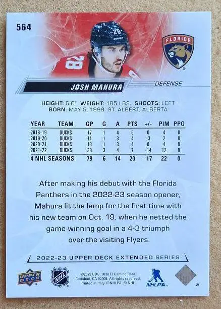 НХЛ Джош Махура Флорида Пантерз № 564 1
