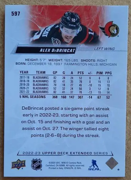 НХЛ Алекс Дебринкэт Оттава Сенаторз № 597 1