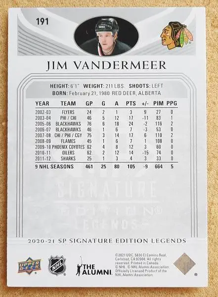 НХЛ Джим Вандермеер Чикаго Блэкхокс № 191 1