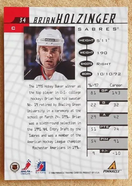 НХЛ Брайн Хольцингер Баффало Сейбрз № 34 1