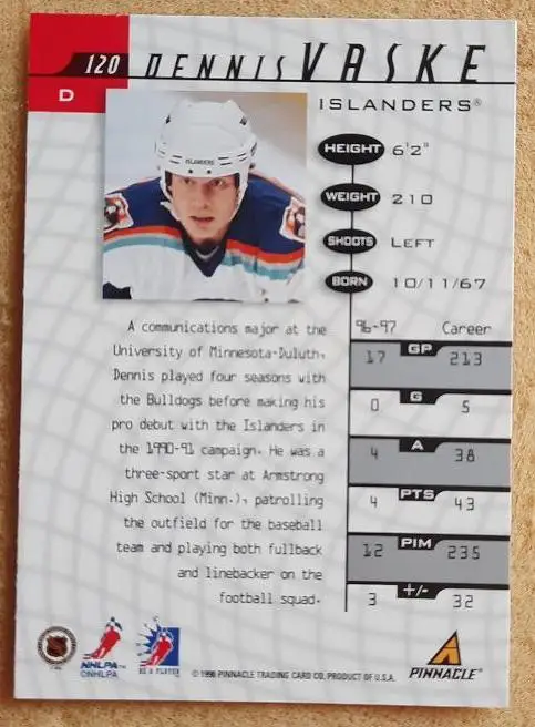 НХЛ Деннис Васке Нью-Йорк Айлендерс № 120 1