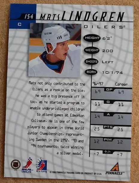 НХЛ Матс Линдгрен Эдмонтон Ойлерз № 154 1