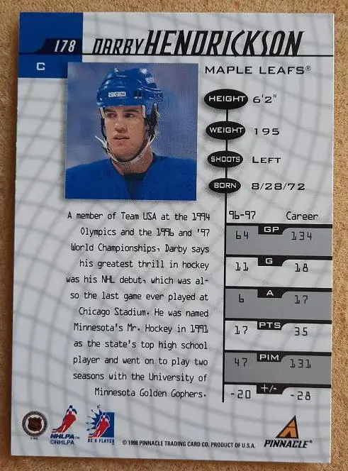 НХЛ Дарби Хендриксон Торонто Мэйпл Лифс № 178 1