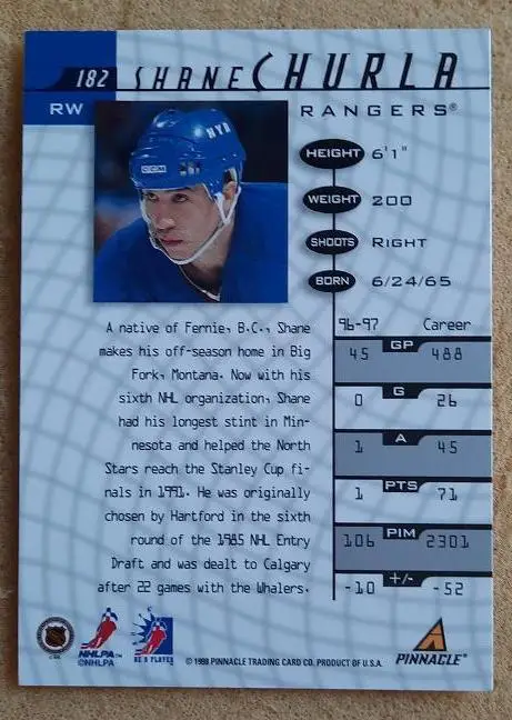 НХЛ Шейн Чурла Нью-Йорк Рейнджерс № 182 1