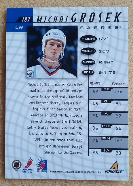 НХЛ Михаль Грошек Баффало Сейбрз № 187 1