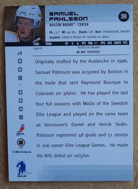 НХЛ Самуэль Польссон Бостон Брюинз № 399 1