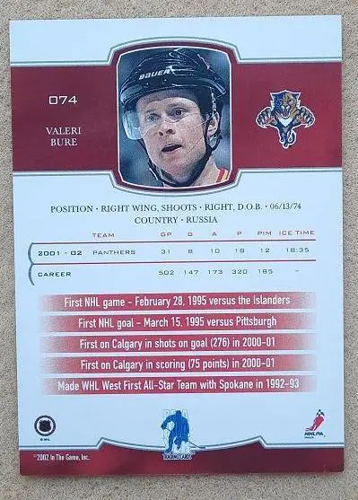 НХЛ Валерий Буре Флорида Пантерз ЦСКА Москва № 74 1