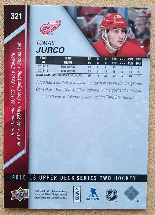 НХЛ Томаш Юрчо Детройт Ред Уингз Барыс № 321 1