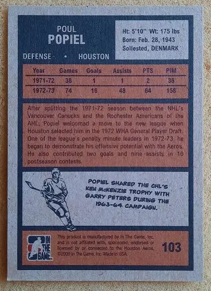 НХЛ Пол Попель Хьюстон Аэрос № 103 Год хоккея суперсерия 1972 1