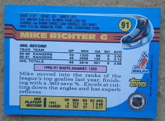 НХЛ Майк Рихтер Нью-Йорк Рейнджерс № 91 1