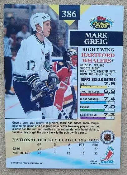НХЛ Марк Грейг Хартфорд Уэйлерз № 386 1