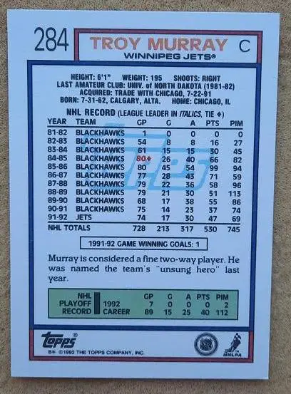 НХЛ Трой Мюррей Виннипег Джетс № 284 1