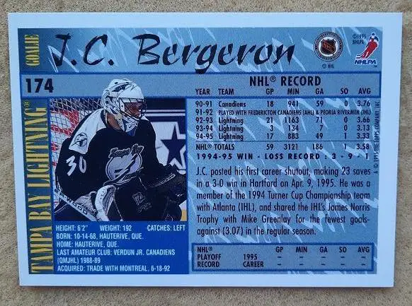 НХЛ Жан-Клод Бержерон Тампа Бэй Лайтнинг № 174 1