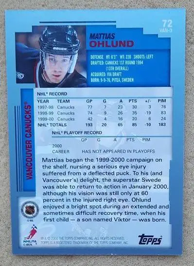 НХЛ Матиас Олунд Ванкувер Кэнакс № 72 1