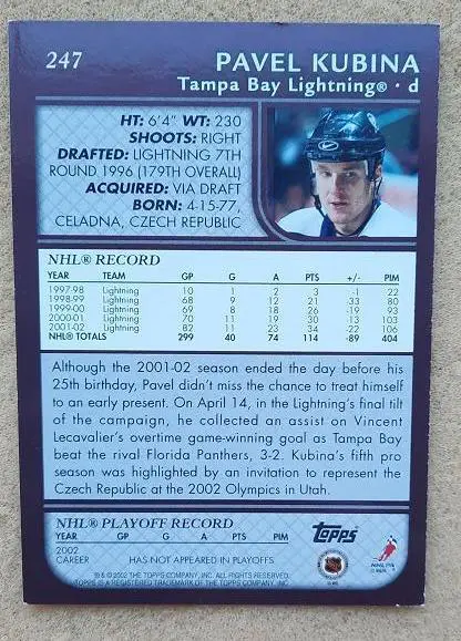НХЛ Павел Кубина Тампа Бэй Лайтнинг № 247 1