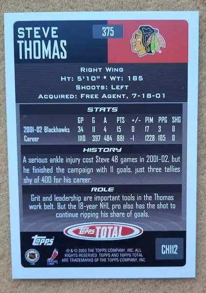 НХЛ Стив Томас Чикаго Блэкхокс № 375 1