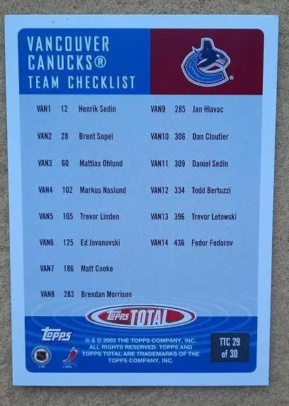НХЛ Тодд Бертуцци Ванкувер Кэнакс № TTC 29 1