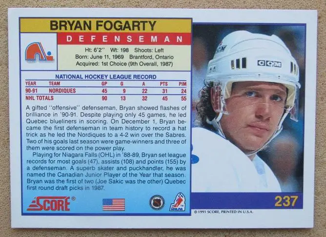 НХЛ Брайан Фогарти Квебек Нордикс № 54 ам 1