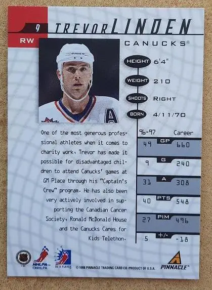 НХЛ Тревор Линден Ванкувер Кэнакс № 9 1