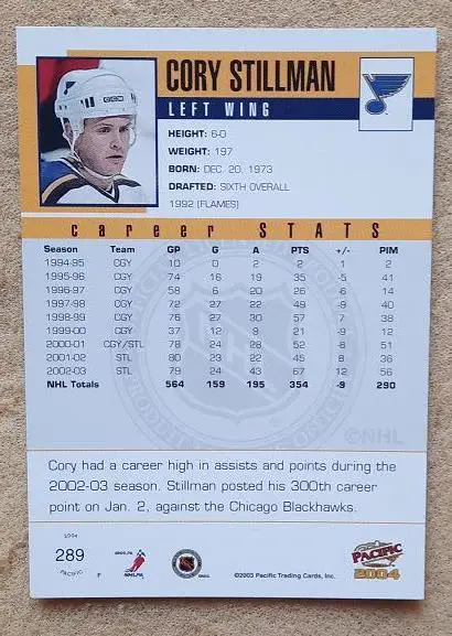 НХЛ Кори Стиллман Сент-Луис Блюз № 289 1