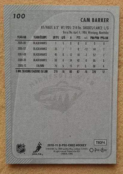 НХЛ Кэм Баркер Миннесота Уайлд Барыс № 100 1