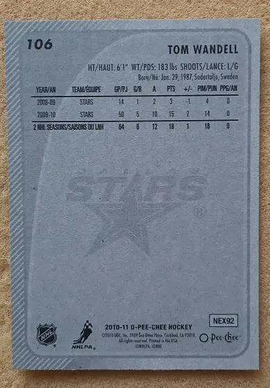 НХЛ Том Ванделль Даллас Старз Череповец Спартак Москва Омск Владивосток № 106 1