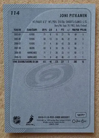 НХЛ Йони Питкянен Каролина Харрикейнз № 114 1