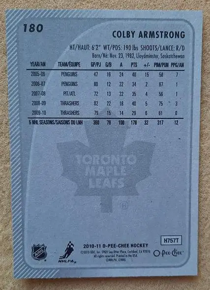 НХЛ Колби Армстронг Торонто Мэйпл Лифс № 180 1