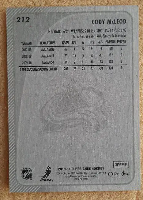 НХЛ Коди Маклеод Колорадо Эвеланш № 212 1