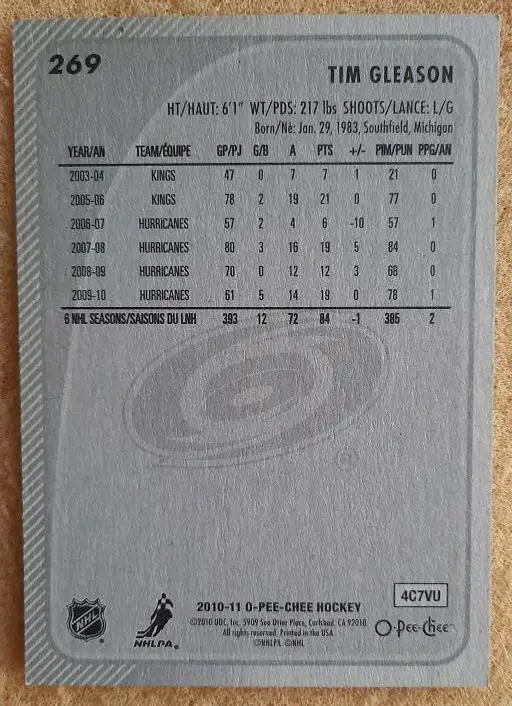НХЛ Тим Глисон Каролина Харрикейнз № 269 1