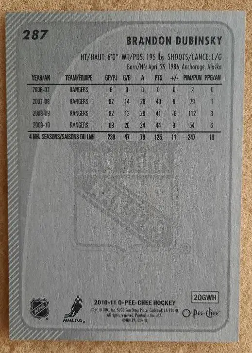 НХЛ Брендон Дубински Нью-Йорк Рейнджерс № 287 1