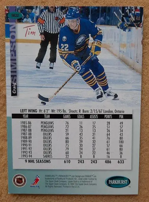 НХЛ Крейг Симпсон Баффало Сейбрз № SE 22 1