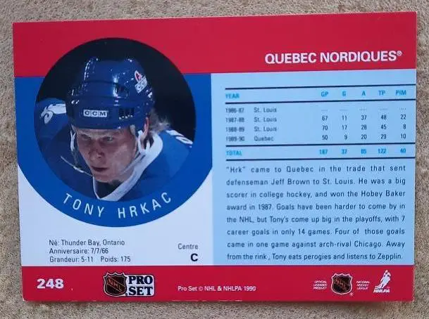 НХЛ Тони Хркач Квебек Нордикс № 248 1