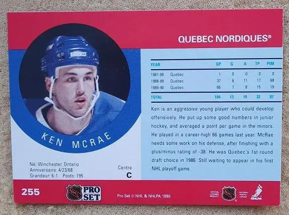 НХЛ Кен Макрей Квебек Нордикс № 255 1
