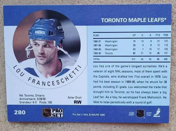 НХЛ Луи Франческетти Торонто Мэйпл Лифс № 280 1