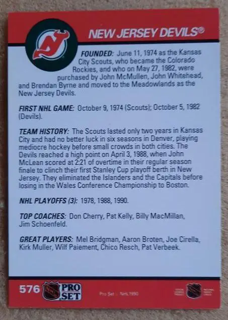 НХЛ Нью-Джерси Дэвилз № 576 сезон 1990-91 1