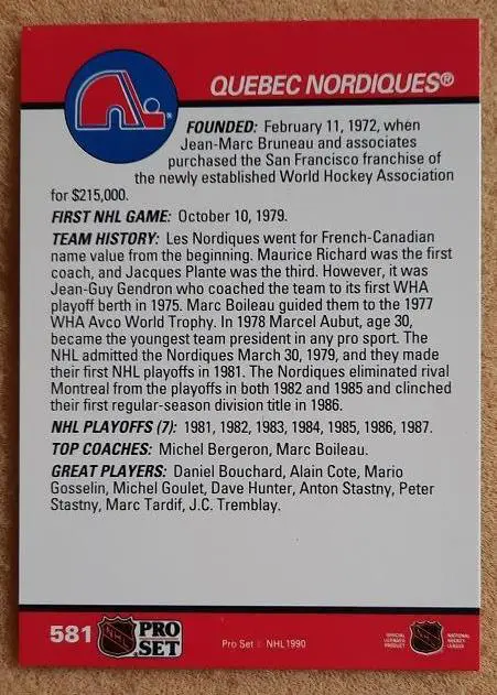 НХЛ Квебек Нордикс № 581 сезон 1990-91 1