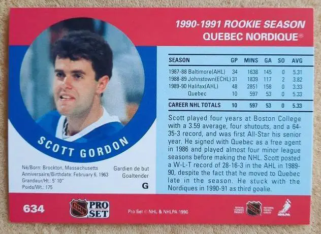 НХЛ Скотт Гордон Квебек Нордикс № 634 1