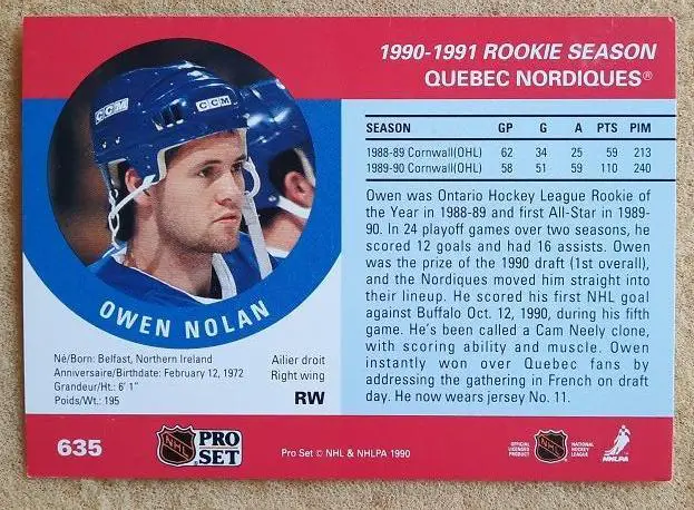 НХЛ Оуэн Нолан Квебек Нордикс № 635 1