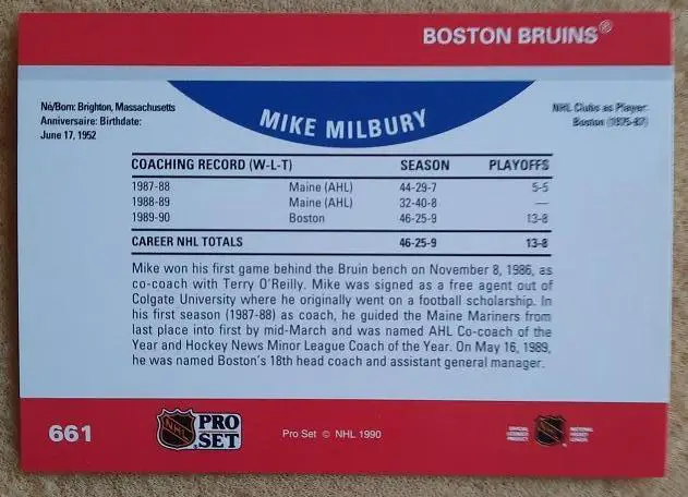 НХЛ Майк Милбери Бостон Брюинз № 661 1