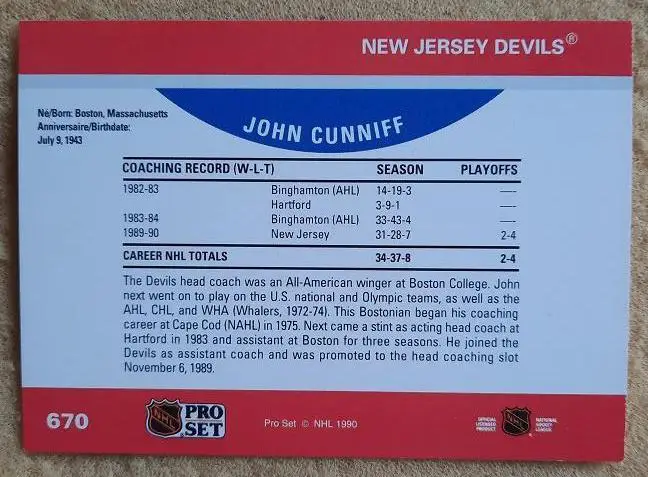 НХЛ Джон Канифф Нью-Джерси Дэвилз № 670 1