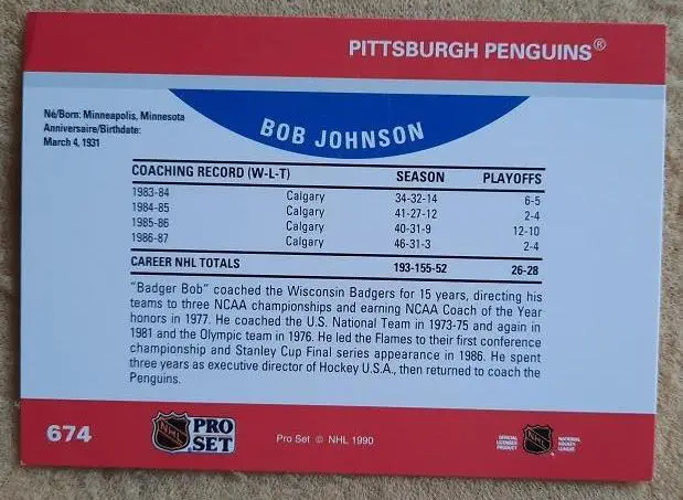НХЛ Боб Джонсон Питтсбург Пингвинз № 674 1